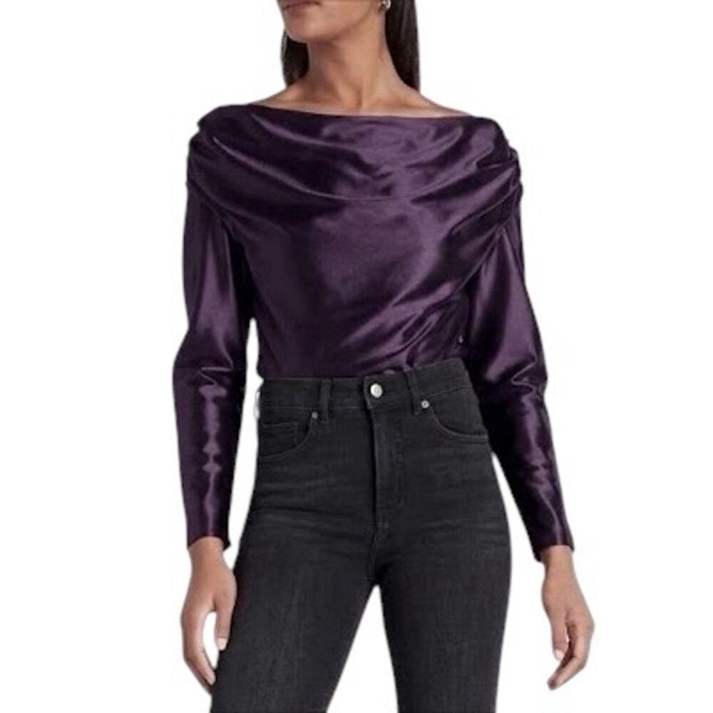 NWT Express Purple Satin Draped Off The Shoulder Long Sleeve Top Blouse Size XS
